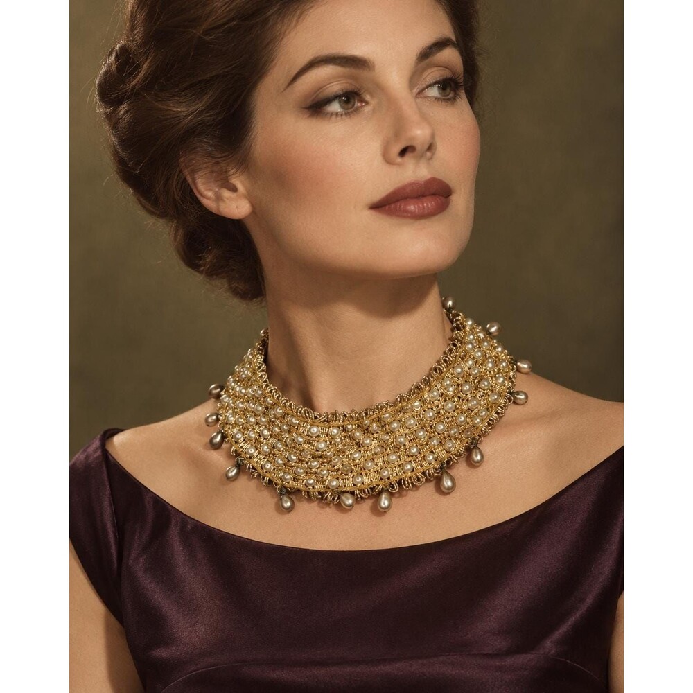 Vintage Gold Beaded Faux Pearl Statement Collar Bib Necklace Teardrop Fringe